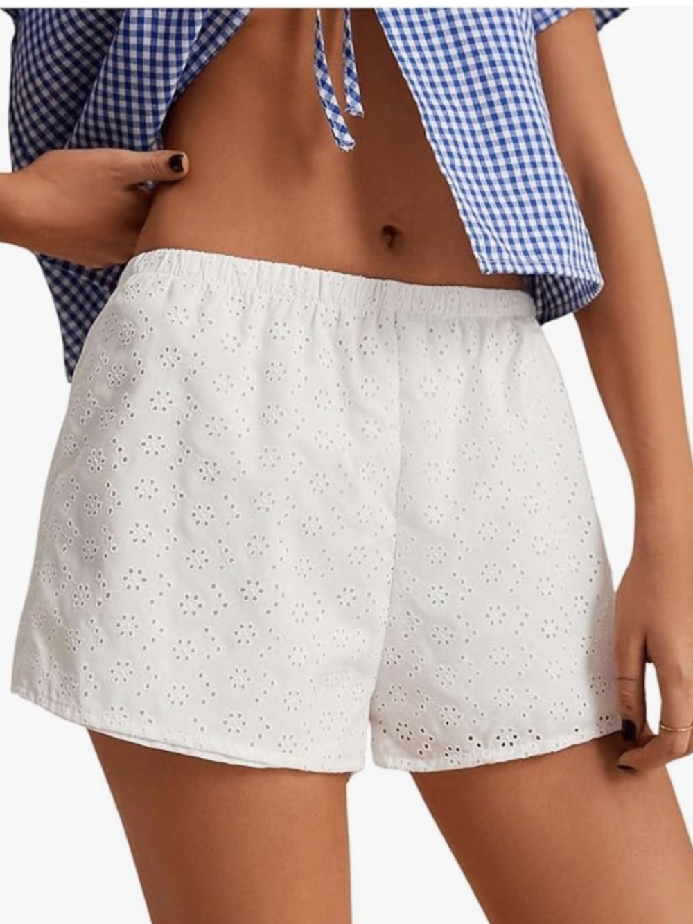 Amazon MakeMeChic Women's Eyelet Elastic Waist Shorts Lined White